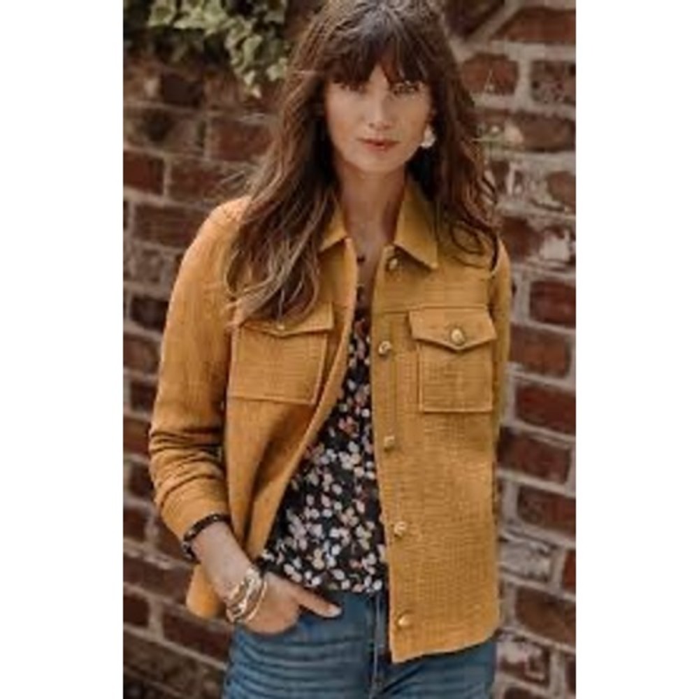 J. Jill Mustard Yellow Textured Tweed Button Front Jacket XL Gold Crest Buttons